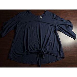 Sueani Navy Tie Front Blouse with V-Neck Split Sleeve Top Size 2XL
